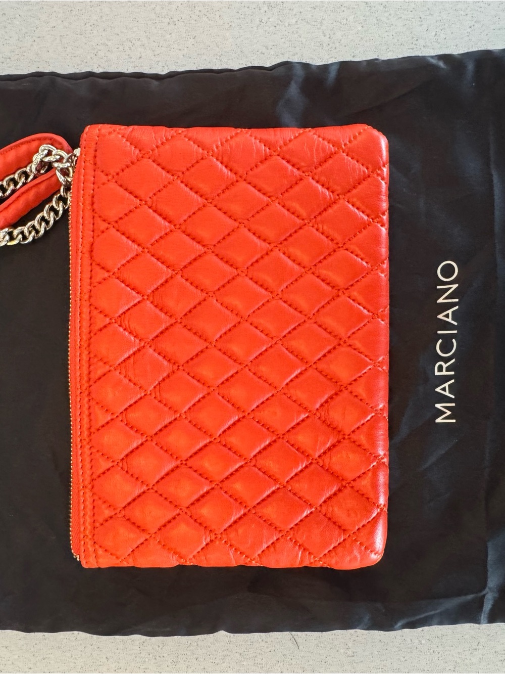 Marciano Orange Quilted Leather Wristlet with Silver Chain
